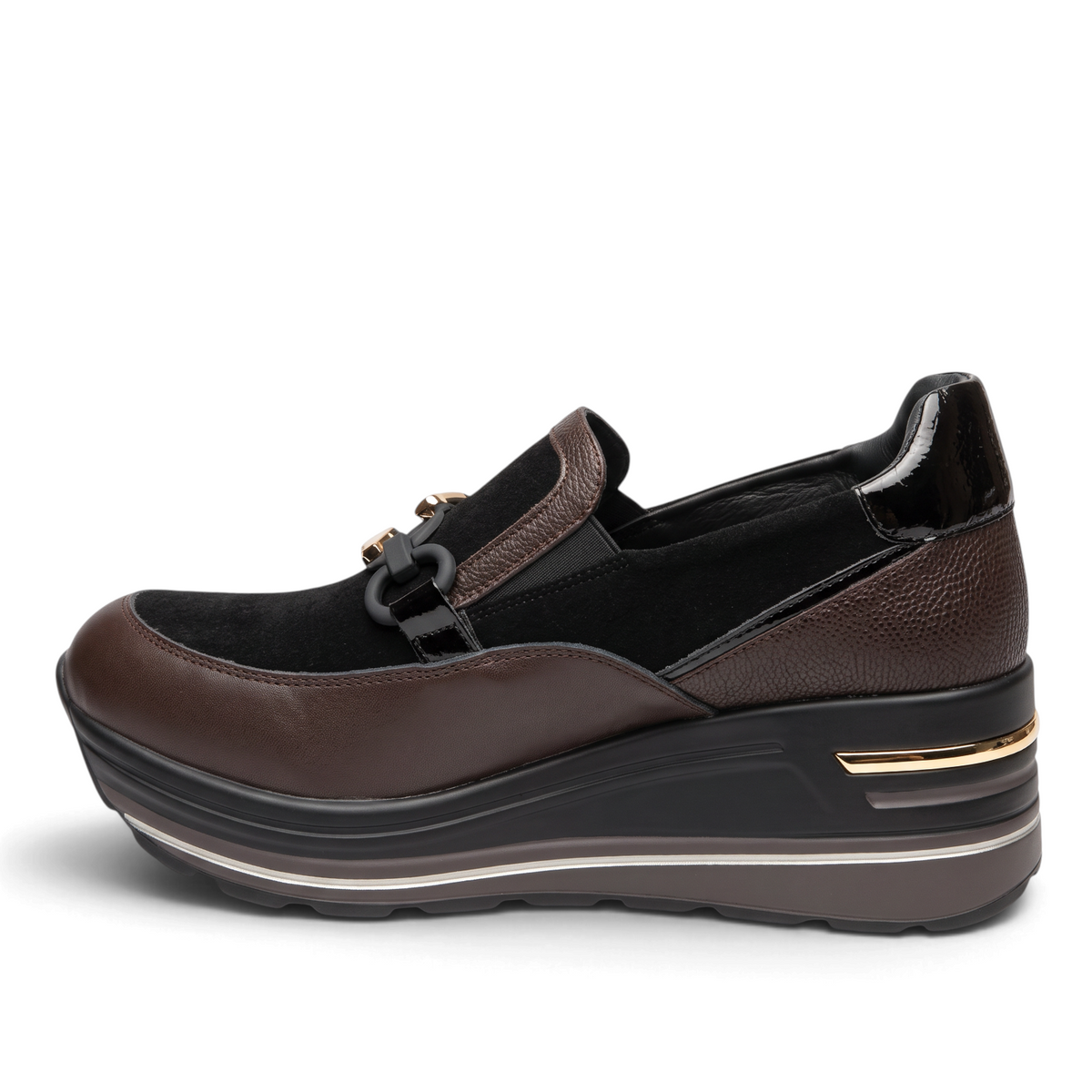 ShoeShop Comart platform slip-on shoes in black and brown leather with a 5cm heel and gold-tone hardware detail.