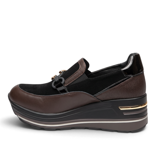 ShoeShop Comart platform slip-on shoes in black and brown leather with a 5cm heel and gold-tone hardware detail.