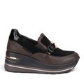 ShoeShop Comart platform wedge loafers in black and brown leather with gold hardware and a 5cm heel