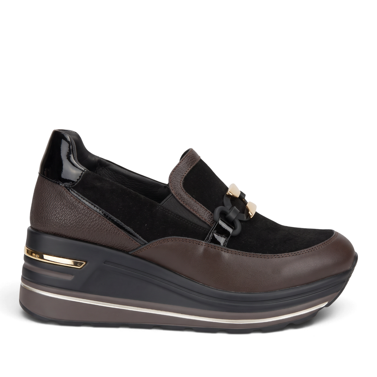 ShoeShop Comart platform wedge loafers in black and brown leather with gold hardware and a 5cm heel