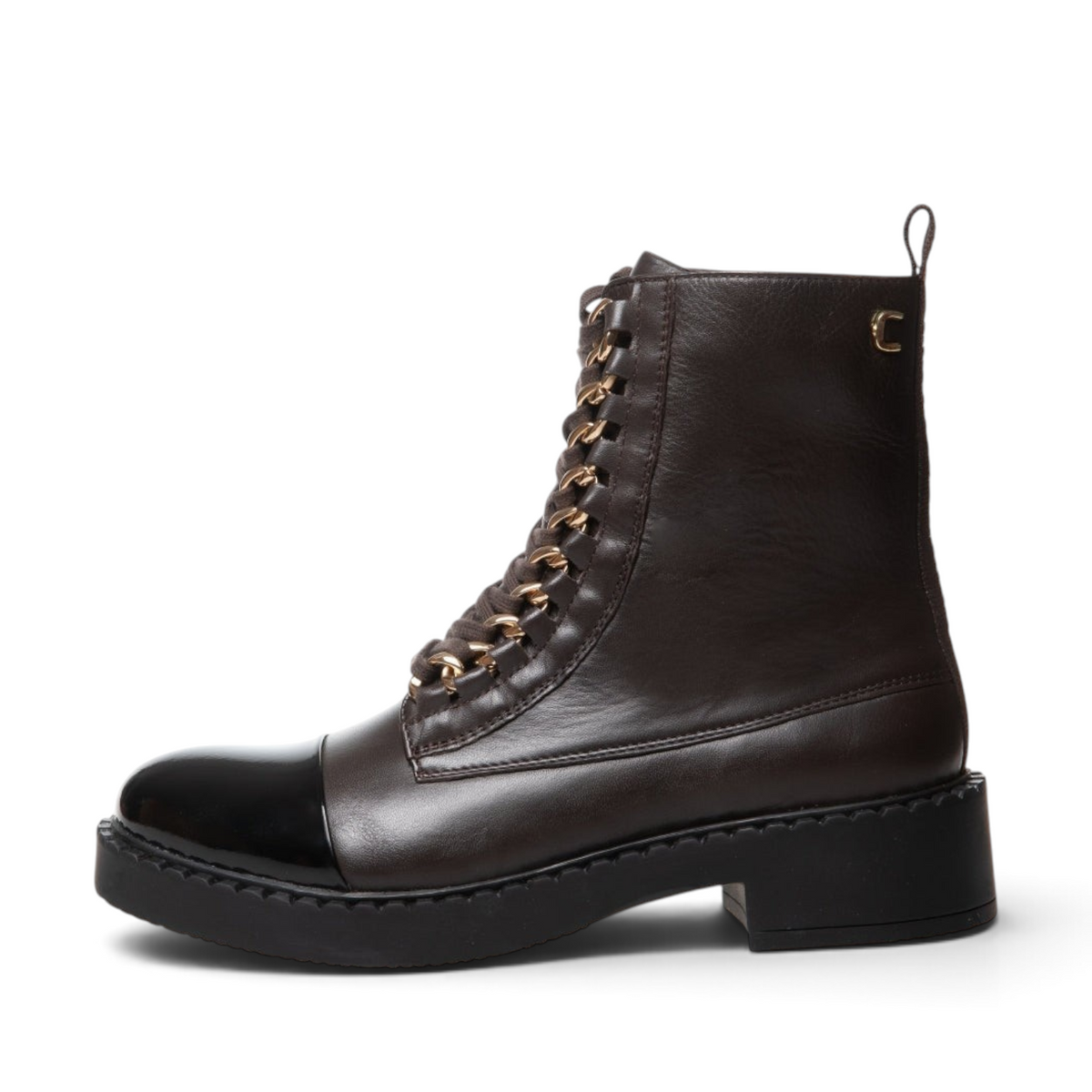 ShoeShop Copenhagen CS8204 dark brown leather lace-up boot with black patent toe cap and gold chain detail
