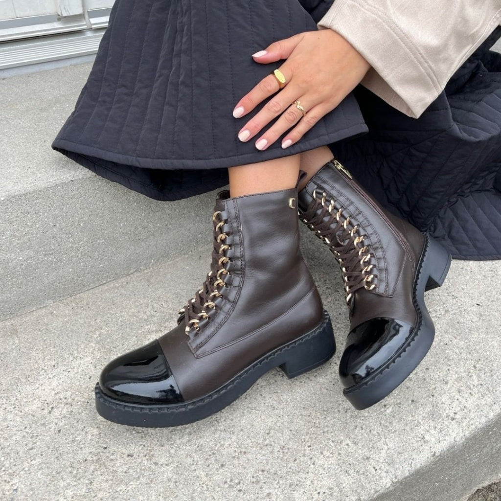 ShoeShop Copenhagen CS8204 dark brown leather lace-up boots with black patent toe caps and chunky TPR soles