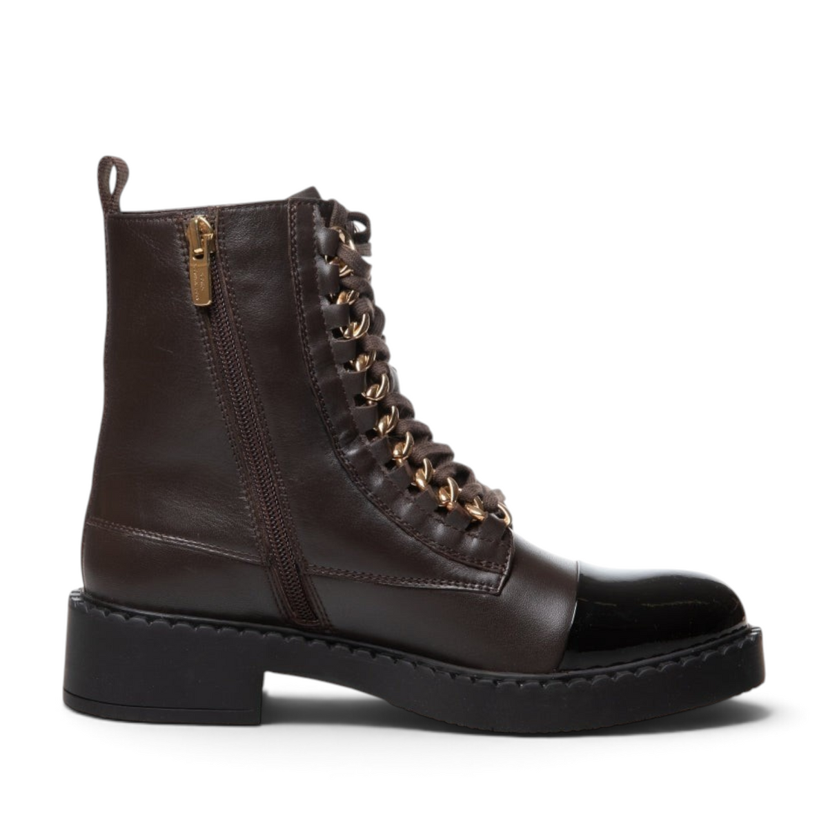 ShoeShop Copenhagen CS8204 brown leather lace-up boots with side zipper, patent toe cap, and chunky TPR sole