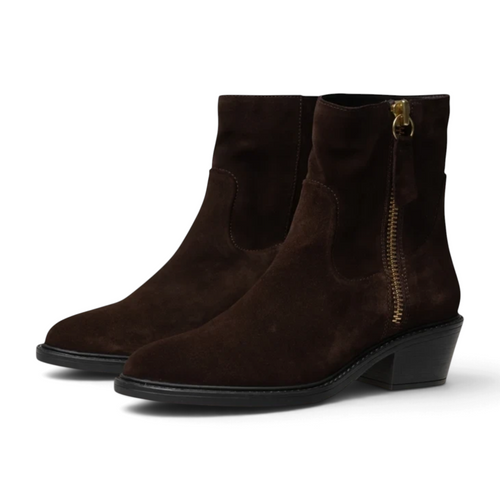 ShoeShop Copenhagen dark brown suede ankle boots with a gold side zipper and a 5cm block heel.