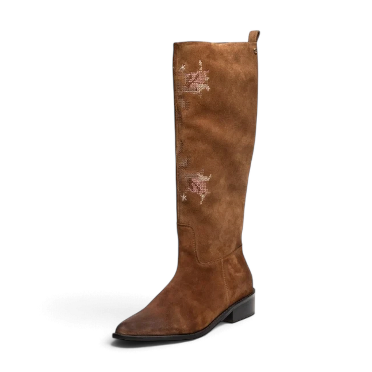 ShoeShop Copenhagen CS9068 brown suede knee-high boots with delicate embroidered floral detailing and a low block heel.