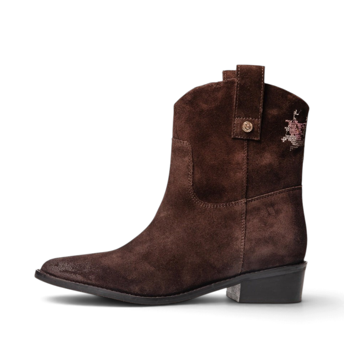ShoeShop brown suede western-style ankle boots with decorative embroidery and a low block heel
