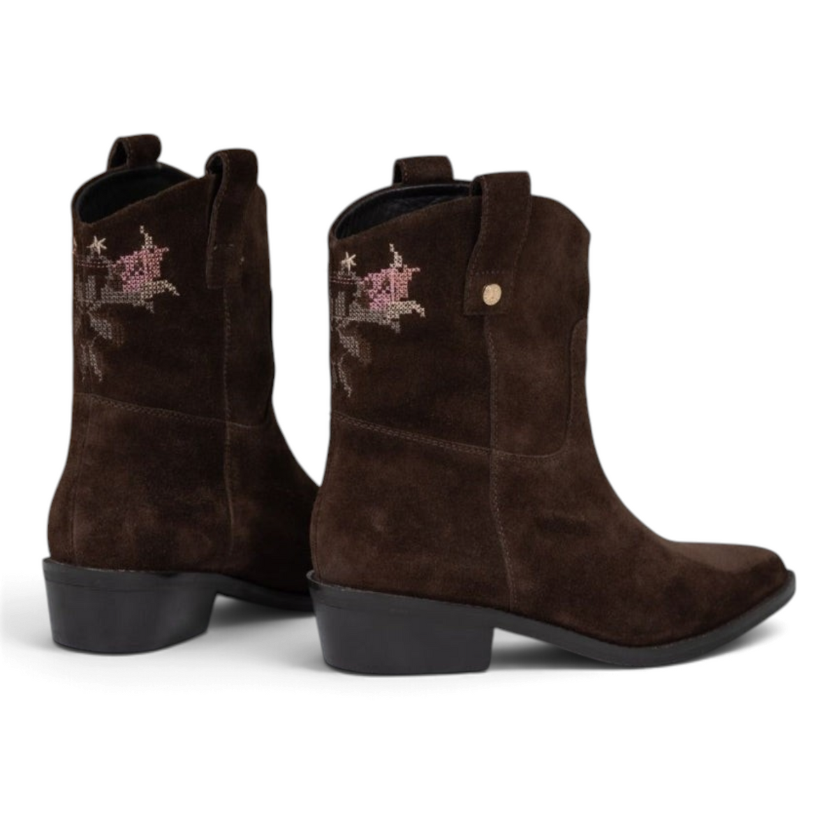 ShoeShop Copenhagen CS9060 brown suede western-style ankle boots with floral embroidery on the back