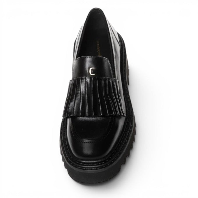 ShoeShop Copenhagen CS8095 black leather loafers with a pleated fringe detail and a chunky lug sole.