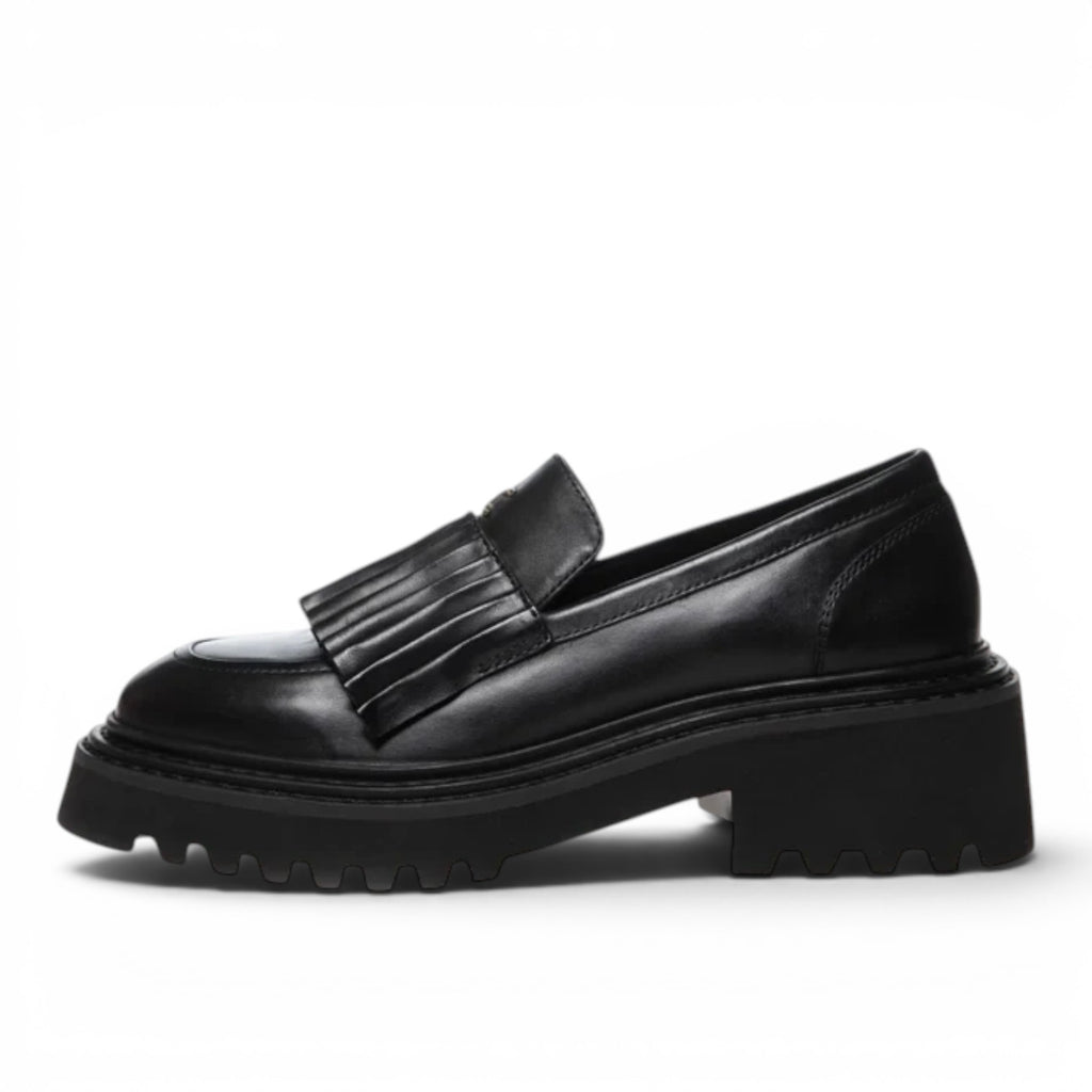 ShoeShop Copenhagen CS8095 black leather loafers with a pleated kiltie fringe and chunky lug sole.