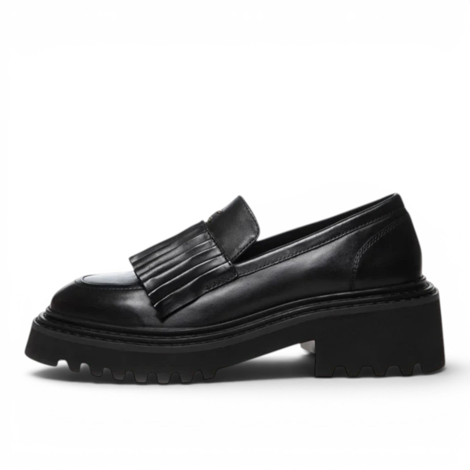 ShoeShop Copenhagen CS8095 black leather loafers with a pleated kiltie fringe and chunky lug sole.