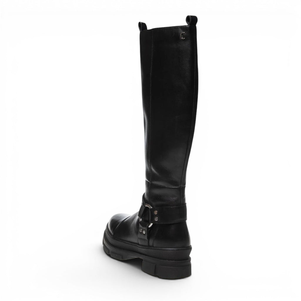 ShoeShop Copenhagen CS8156 black leather knee-high boots with chunky lug sole and silver buckle strap detail.