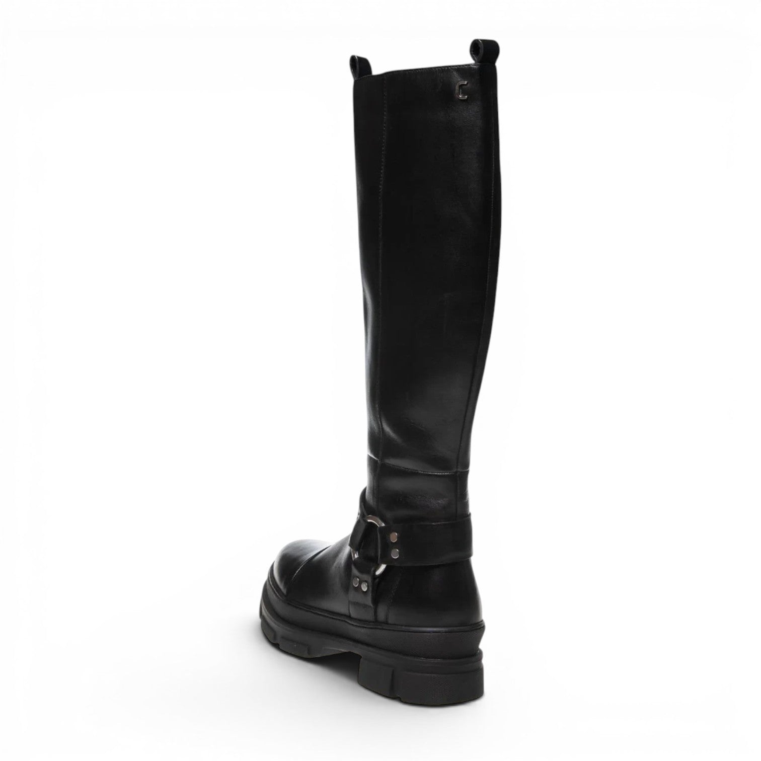 ShoeShop Copenhagen CS8156 black leather knee-high boots with chunky lug sole and silver buckle strap detail.