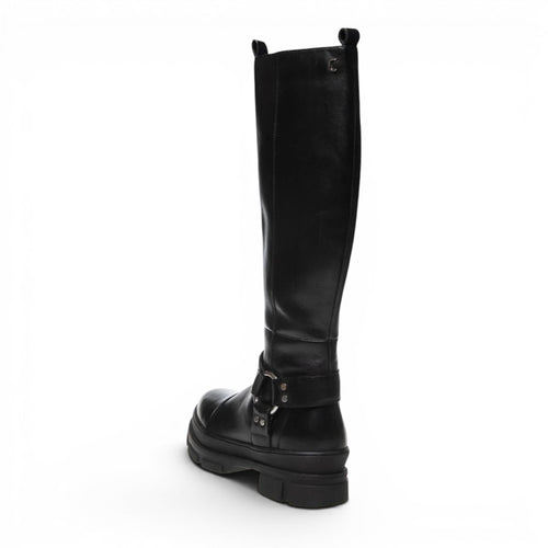 ShoeShop Copenhagen CS8156 black leather knee-high boots with chunky lug sole and silver buckle strap detail.