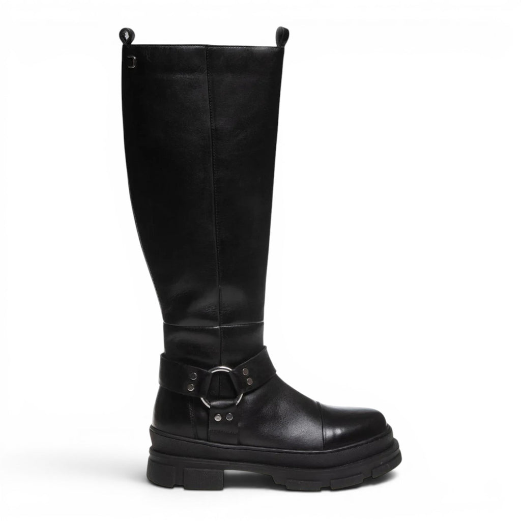 ShoeShop Copenhagen CS8156 black leather knee-high boots with a buckled harness strap and chunky lug sole.