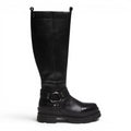 ShoeShop Copenhagen CS8156 black leather knee-high boots with a buckled harness strap and chunky lug sole.