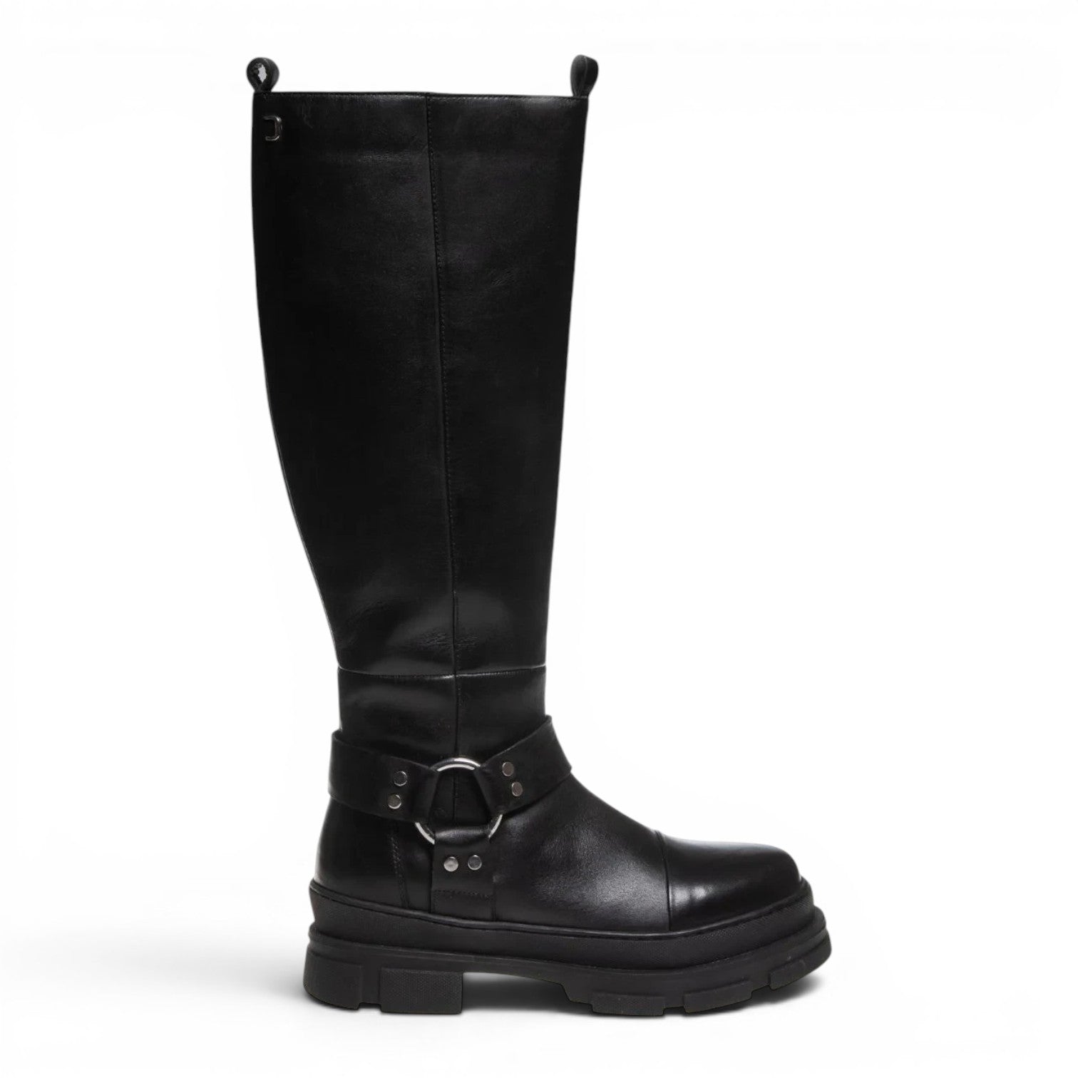 ShoeShop Copenhagen CS8156 black leather knee-high boots with a buckled harness strap and chunky lug sole.