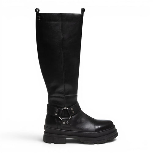 ShoeShop Copenhagen CS8156 black leather knee-high boots with a buckled harness strap and chunky lug sole.