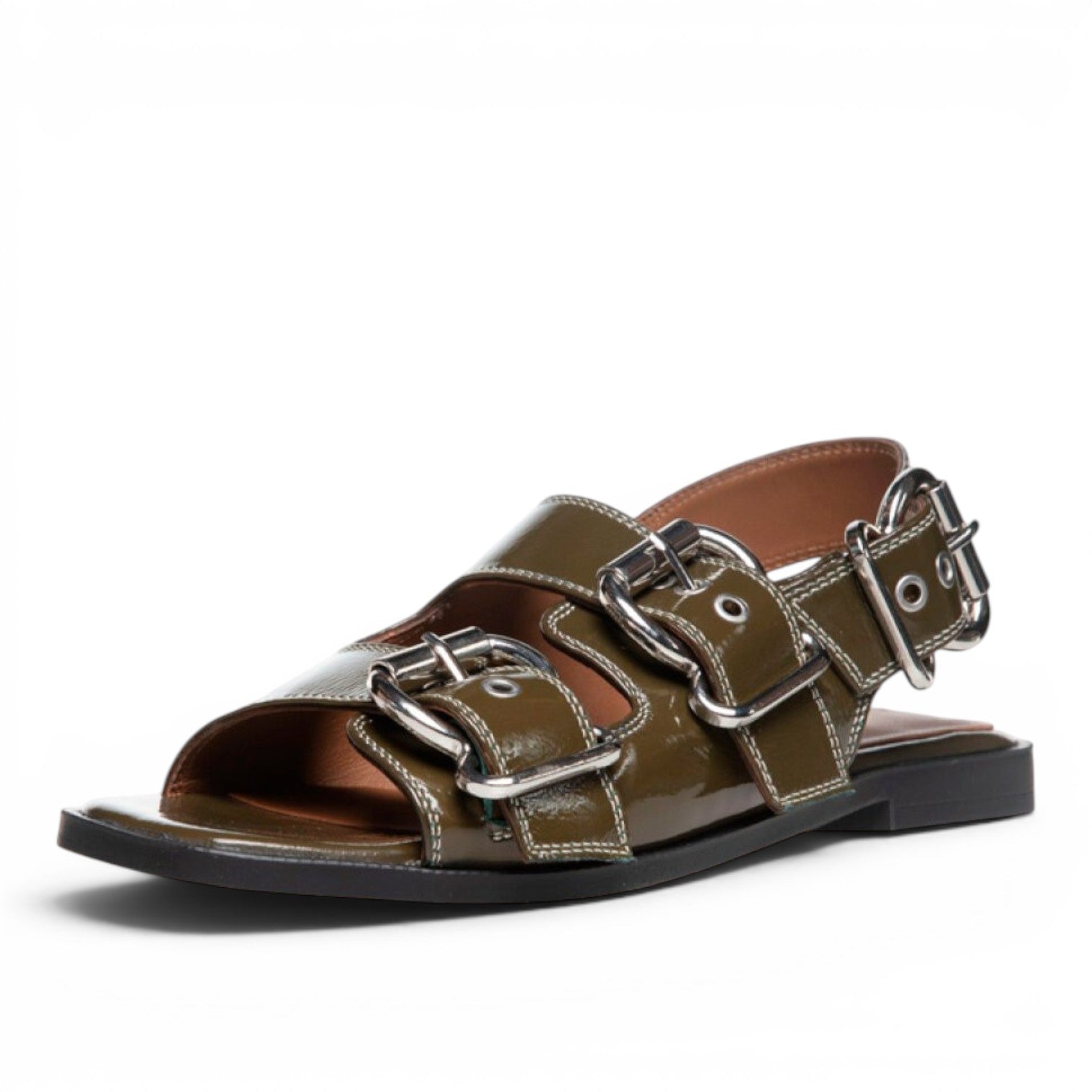 ShoeShop Copenhagen CS8461 olive green patent leather flat sandals with chunky silver buckles and contrast stitching.