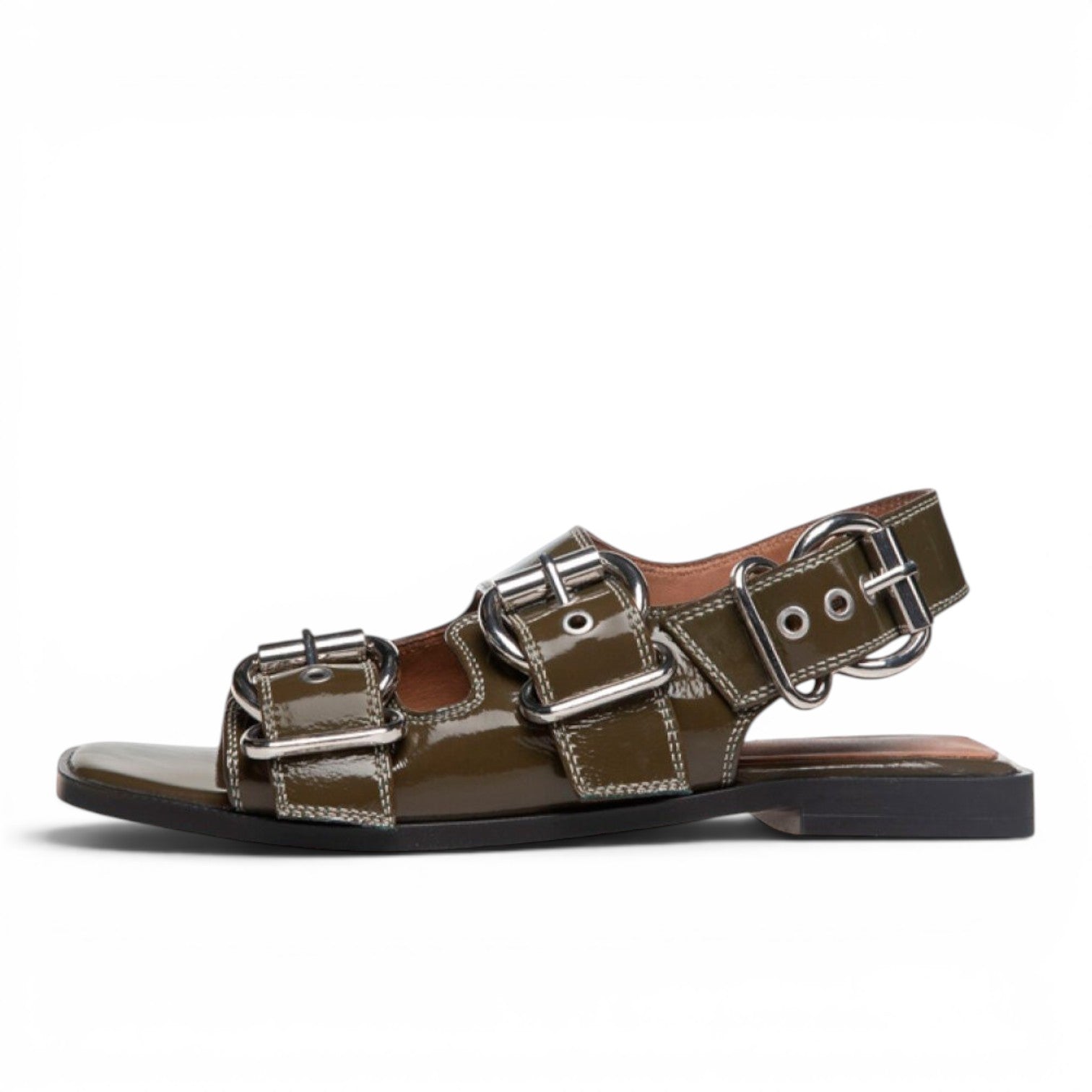 ShoeShop Copenhagen CS8461 olive green patent leather flat sandals with chunky silver buckles and slingback strap.