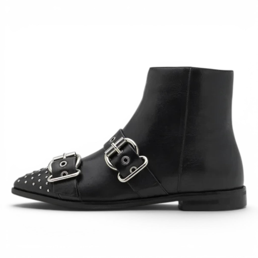 ShoeShop Copenhagen CS8602 black leather ankle boots with silver buckles and studded pointed toe detail.