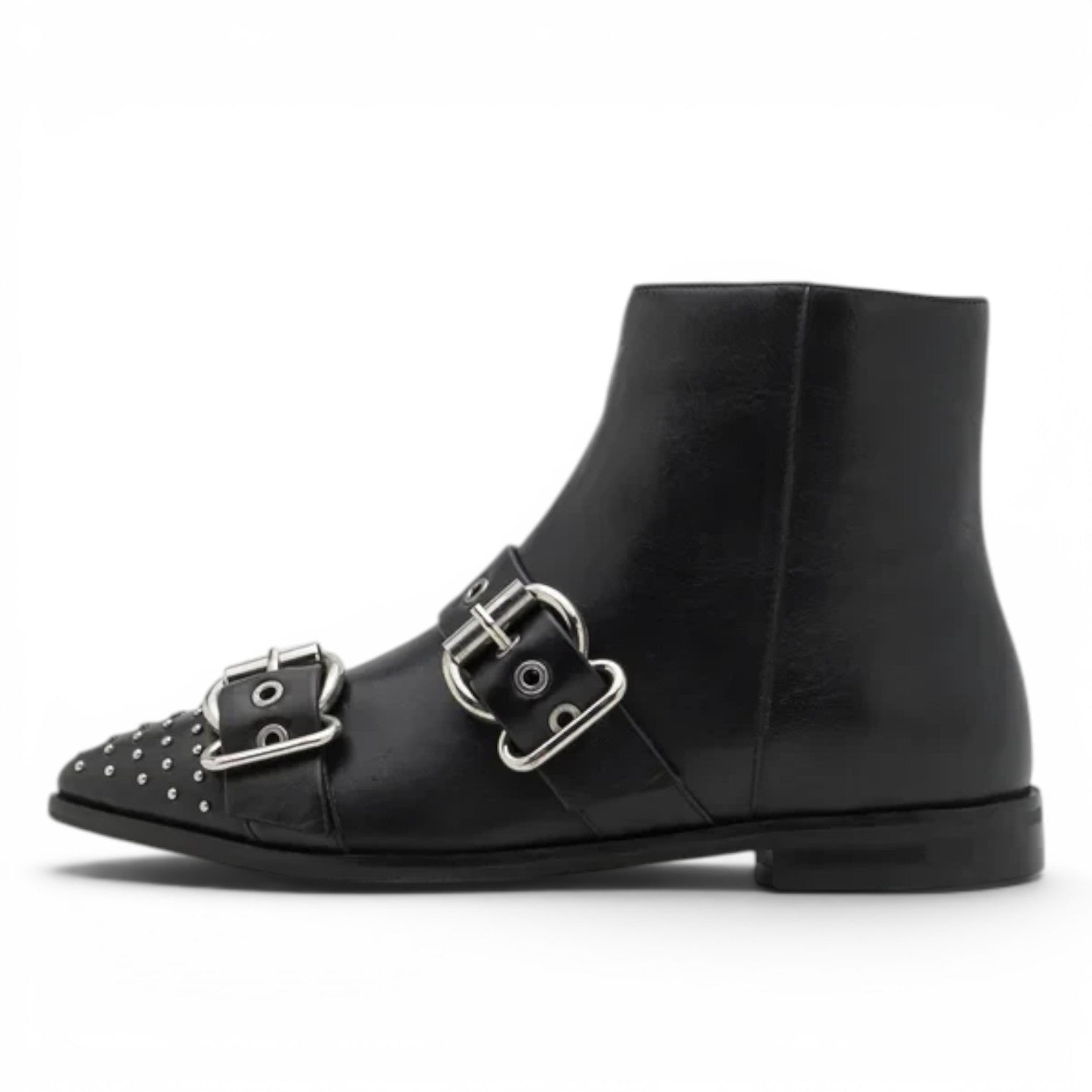 ShoeShop Copenhagen CS8602 black leather ankle boots with silver buckles and studded pointed toe detail.
