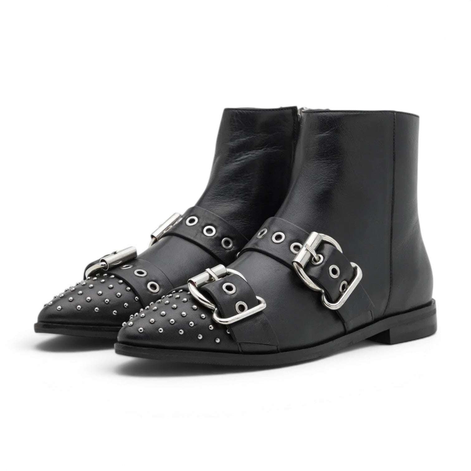 ShoeShop Copenhagen CS8602 black leather ankle boots with silver buckle straps and studded pointed toe detail.