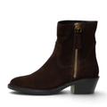 ShoeShop Copenhagen CS9129 dark brown suede ankle boots with a gold side zipper and a 5cm block heel.