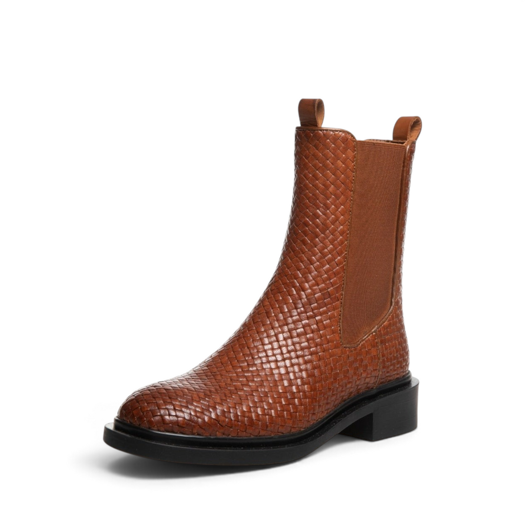 ShoeShop Copenhagen CS8278 brown woven leather Chelsea boot with elastic side panels and a durable black TR sole.