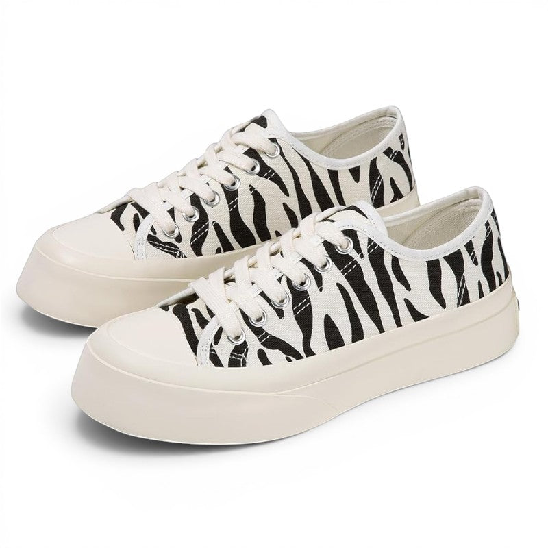 ShoeShop D.Franklin 33104 platform sneakers in black and white zebra print canvas with chunky cream rubber soles.