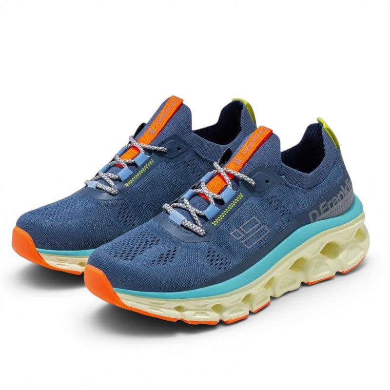 ShoeShop D.Franklin 401001 blue knit sneakers with orange accents, thick cushioned sole, and patterned laces.