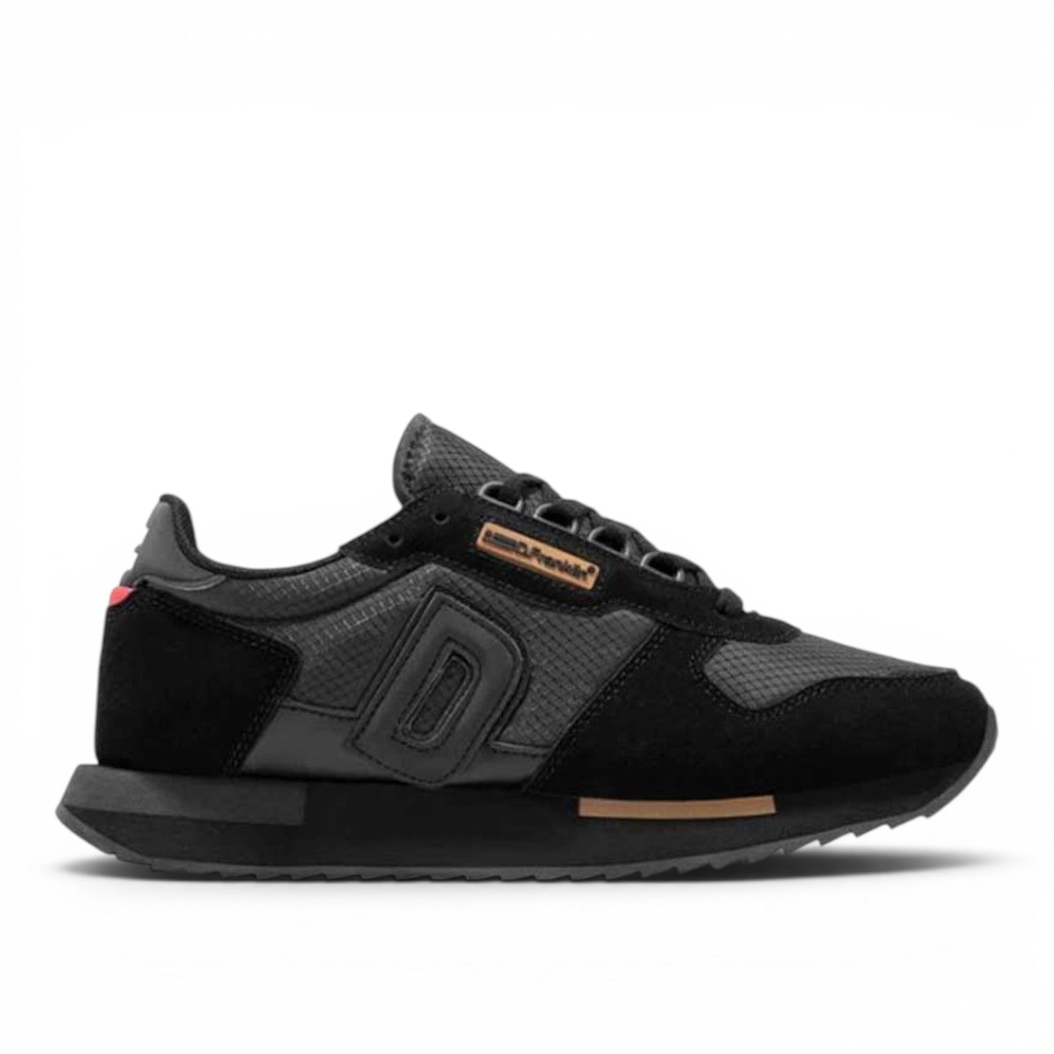 ShoeShop D.Franklin 53509 men's black sneakers with suede and mesh panels and a textured D logo on the side.