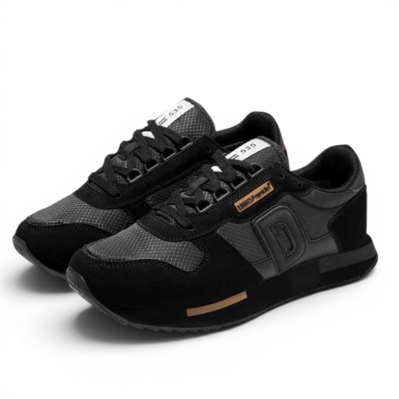 ShoeShop D.Franklin 53509 men's black sneakers with mesh and suede panels and side logo detail.