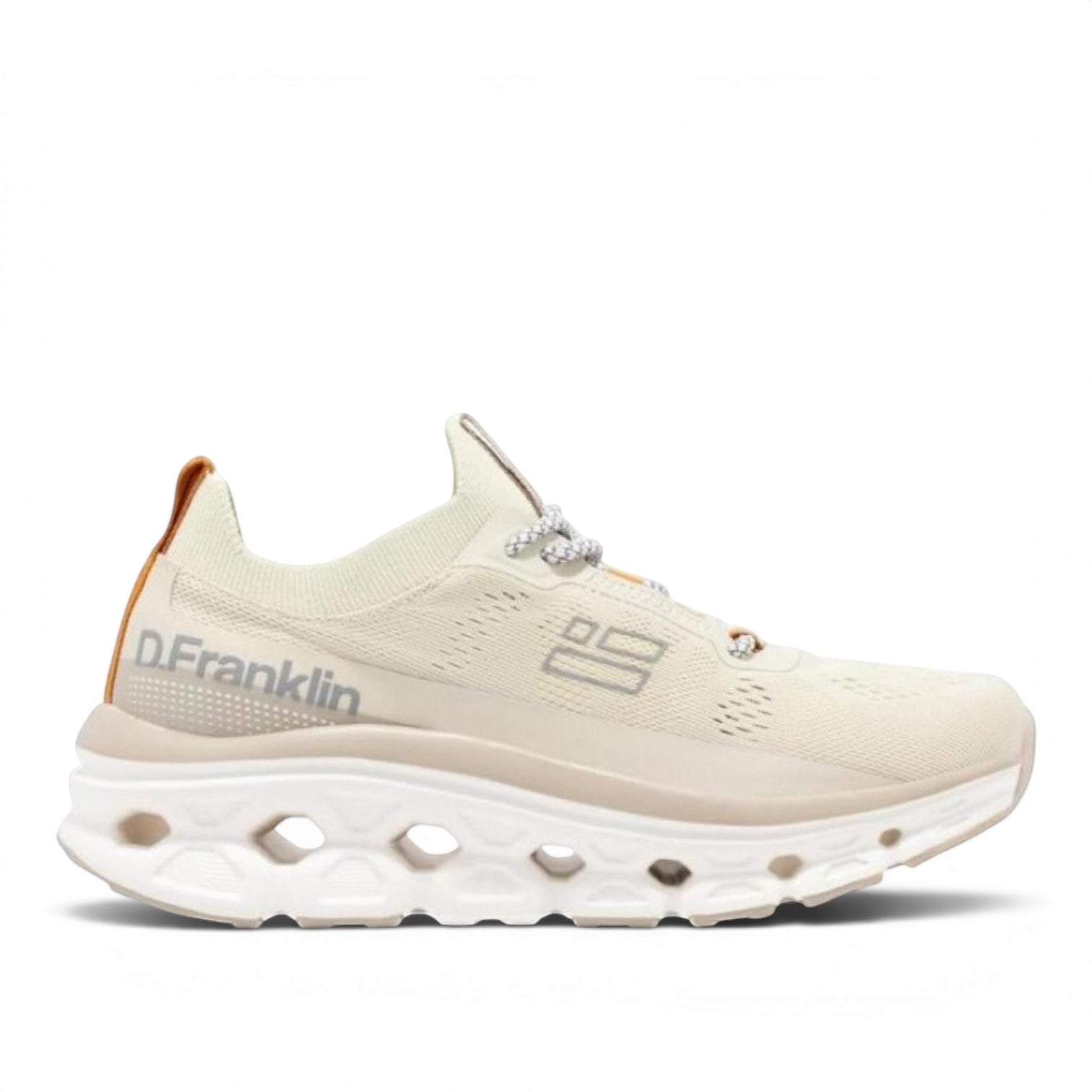 ShoeShop D.Franklin Aero beige knit sneakers with a chunky white cutout sole and lace-up closure.