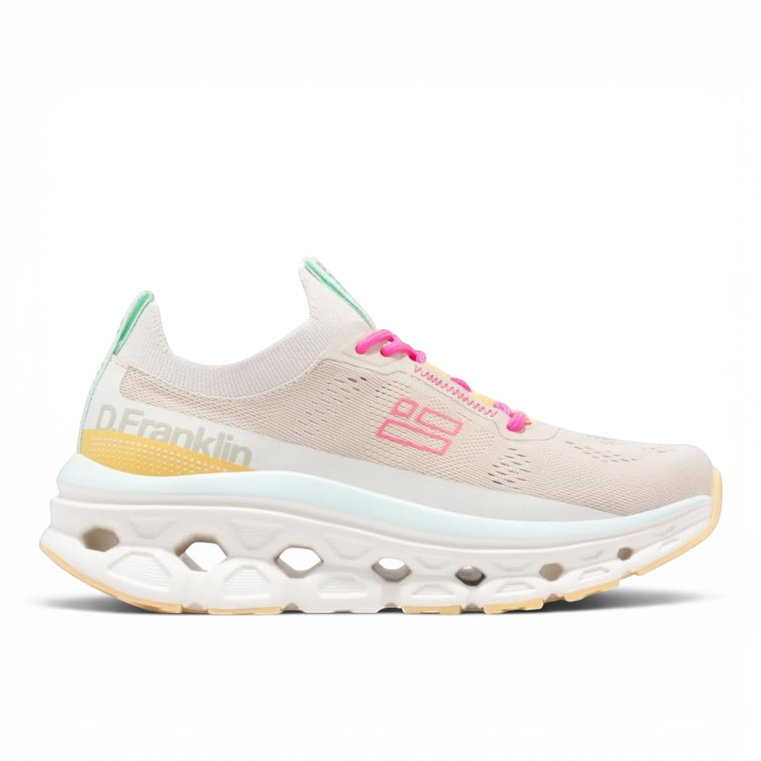 ShoeShop D.Franklin Aero beige knit sneakers with pink laces, mint accents, and a chunky white cutout sole.