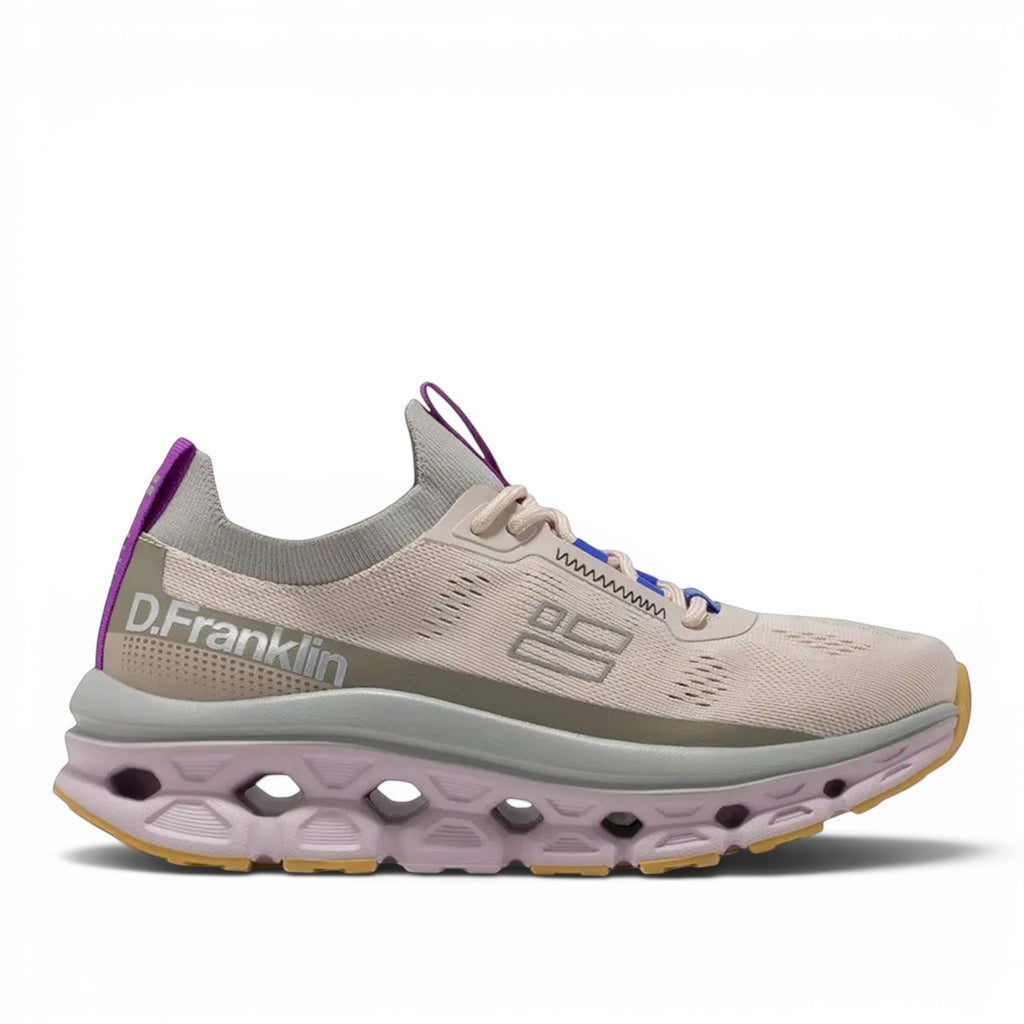 ShoeShop D.Franklin Aero sneakers in beige with purple accents, featuring a breathable knit upper and chunky sole.