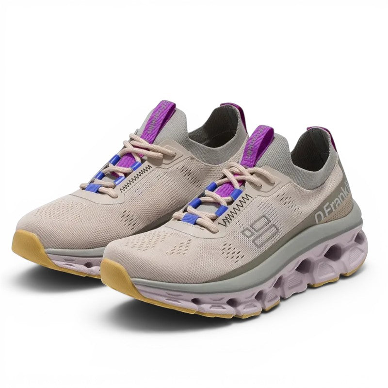 ShoeShop D.Franklin Aero sneakers in beige with purple accents, featuring a chunky cushioned sole and knit upper.