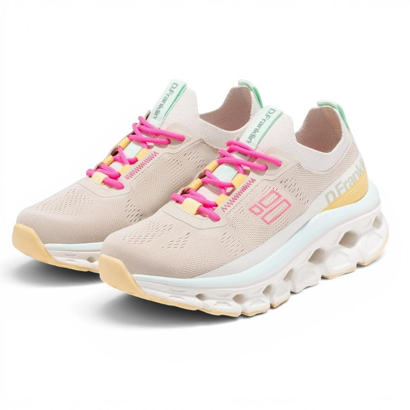 ShoeShop D.Franklin Aero sneakers in beige with neon pink laces, yellow accents, and a chunky white platform sole.