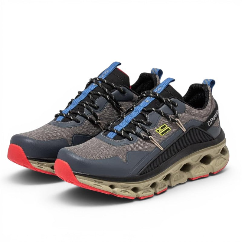 ShoeShop D.Franklin Aero sneakers in grey and blue with a chunky beige sole and red accents for athletic performance.