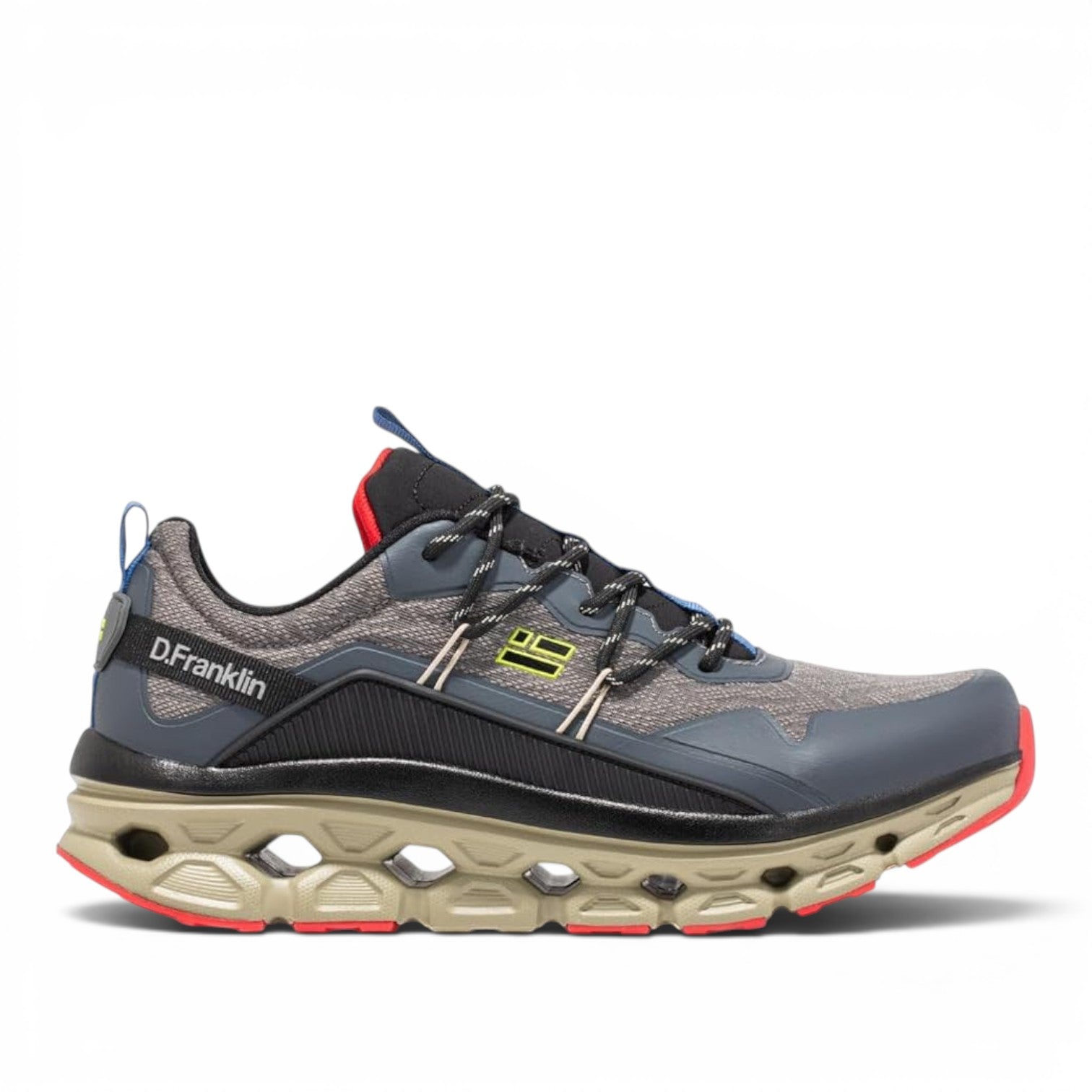 ShoeShop D.Franklin Aero sneakers in grey and blue with a unique cutout beige midsole and red accents.