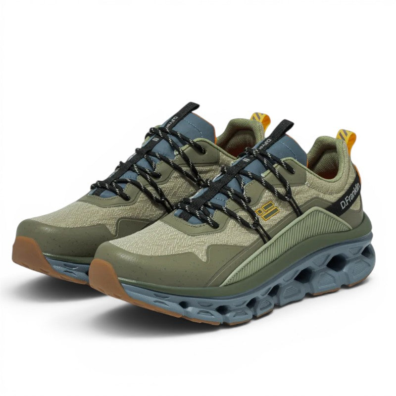 ShoeShop D.Franklin Aero sneakers in olive green with a chunky grey sole and black lace-up design.