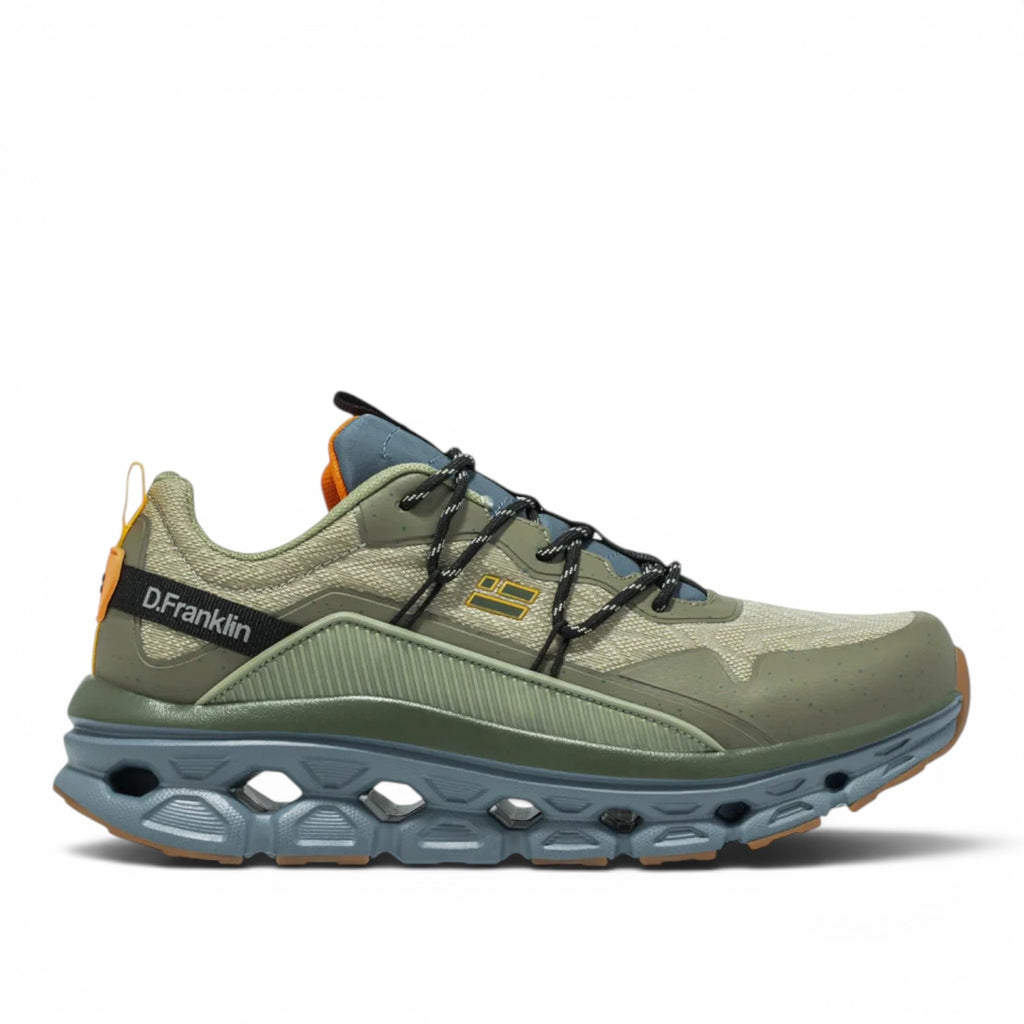 ShoeShop D.Franklin Aero sneakers in olive green with a chunky blue cushioned sole and black lace-up design.