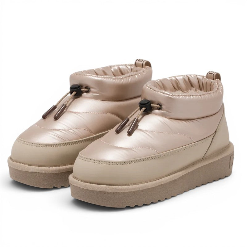 ShoeShop D.Franklin beige puffer ankle boots with toggle drawstring closure and thick platform sole