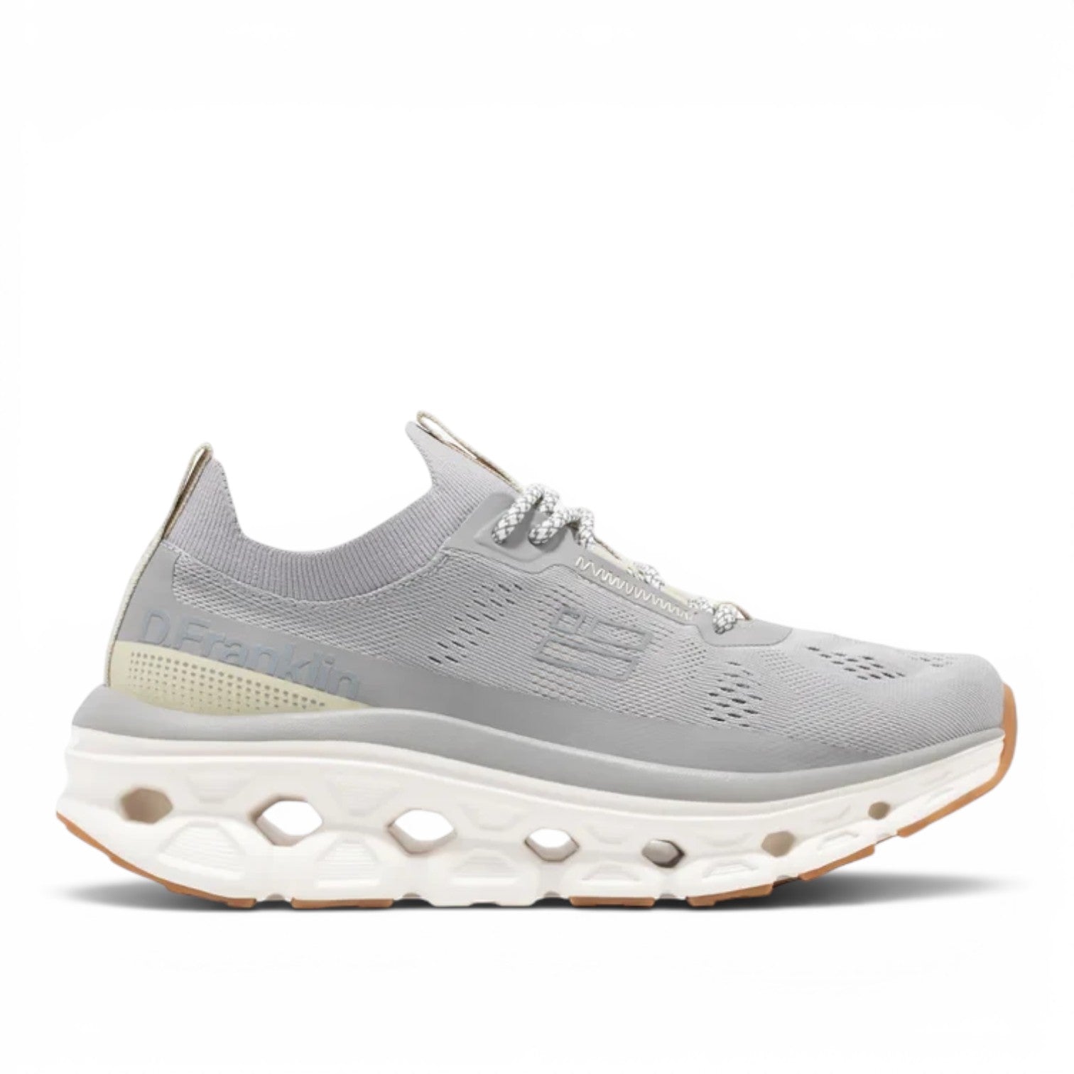 ShoeShop D.Franklin 401001 grey knit sneakers with a chunky white platform sole and gum rubber outsole.