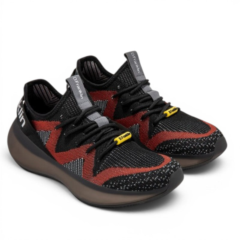 ShoeShop D.Franklin Mimetic V.2 black and red synthetic sneakers with rubber soles and branded lace details.