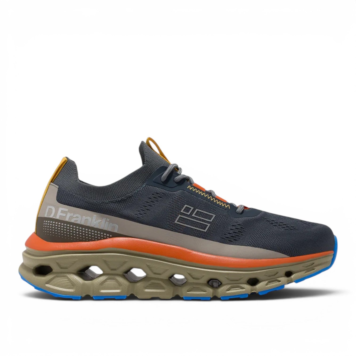 ShoeShop D.Franklin 401001 running sneakers in dark grey with orange accents and a chunky, cut-out beige sole.
