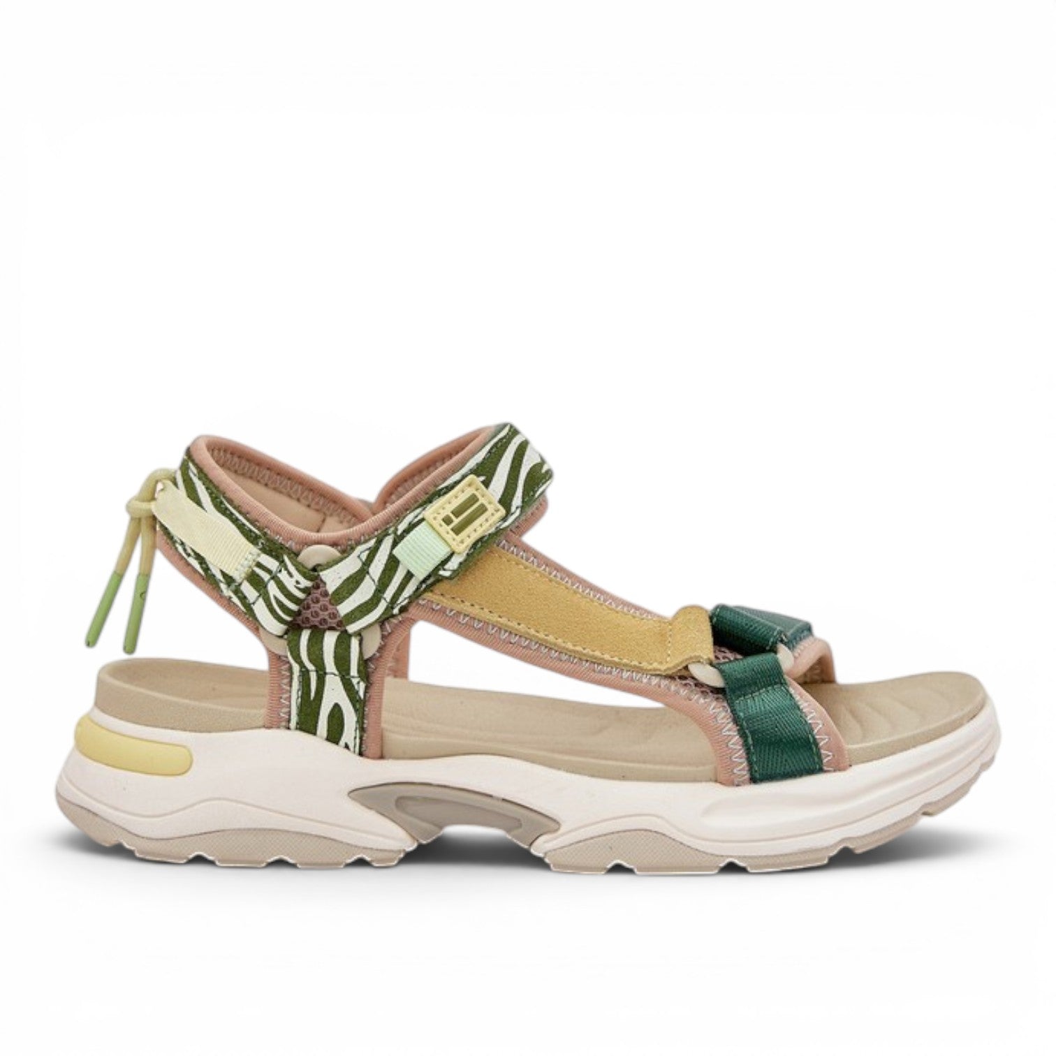 ShoeShop D.Franklin 406003 multi-colored trekking sandals with zebra print straps and a chunky beige platform sole.