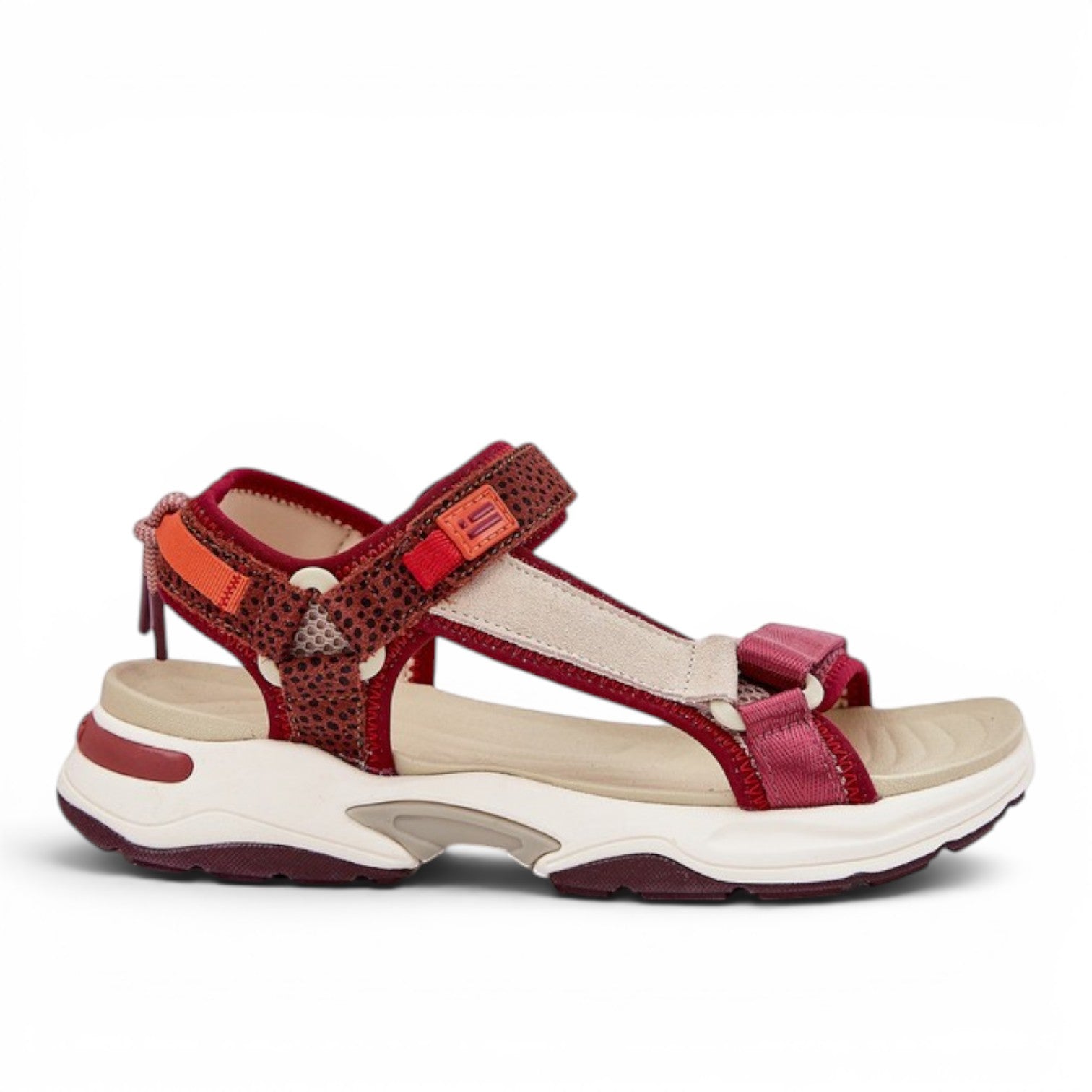 ShoeShop D.Franklin 406003 burgundy and beige strappy trekking sandals with adjustable velcro closures.