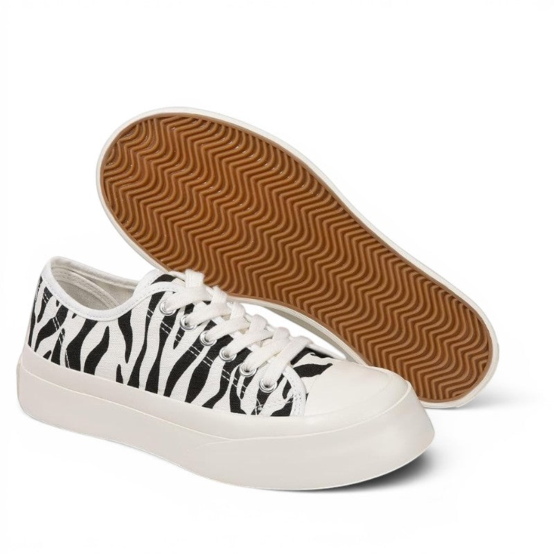 ShoeShop D.Franklin 33104 platform sneakers featuring a black and white zebra print pattern and gum rubber sole.