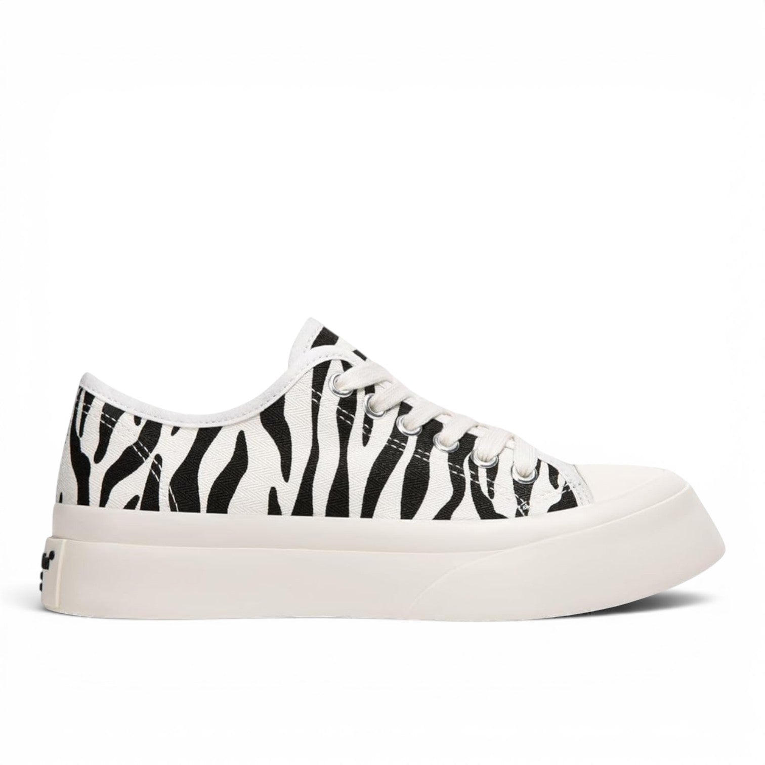 ShoeShop D.Franklin 33104 low-top canvas sneakers featuring a black and white zebra print and a thick platform sole.