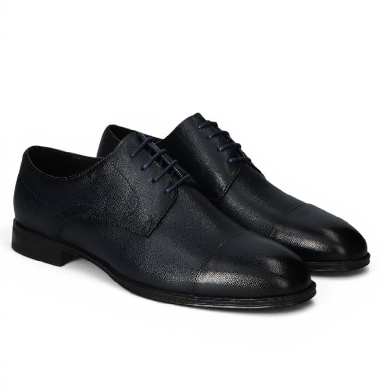 ShoeShop dark blue leather cap toe derby dress shoes with navy laces.